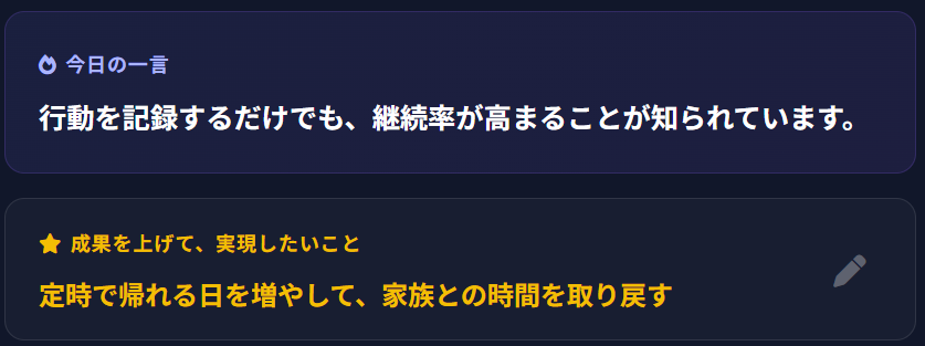 ダッシュボード上部：今日の一言と、実現したいこと